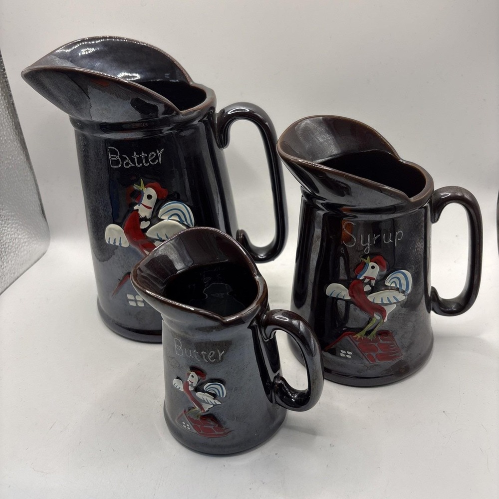 Vtg 50s Redware‎ Rooster Pottery Pancake Pitchers Batter Syrup Butter Japan